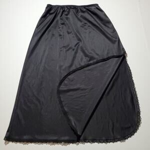 Vintage MERVILLE Half Slip Skirt BLACK SATIN NYLON Silky Lingerie MEDIUM
